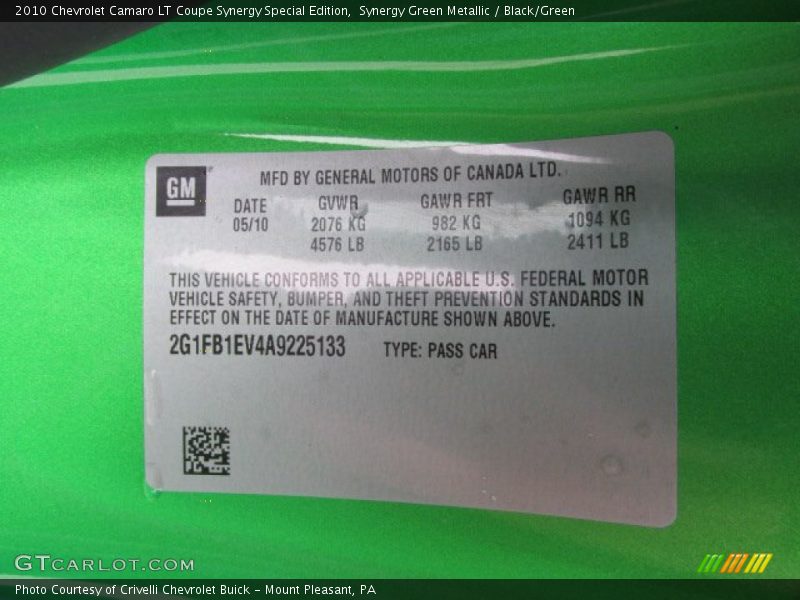 Info Tag of 2010 Camaro LT Coupe Synergy Special Edition