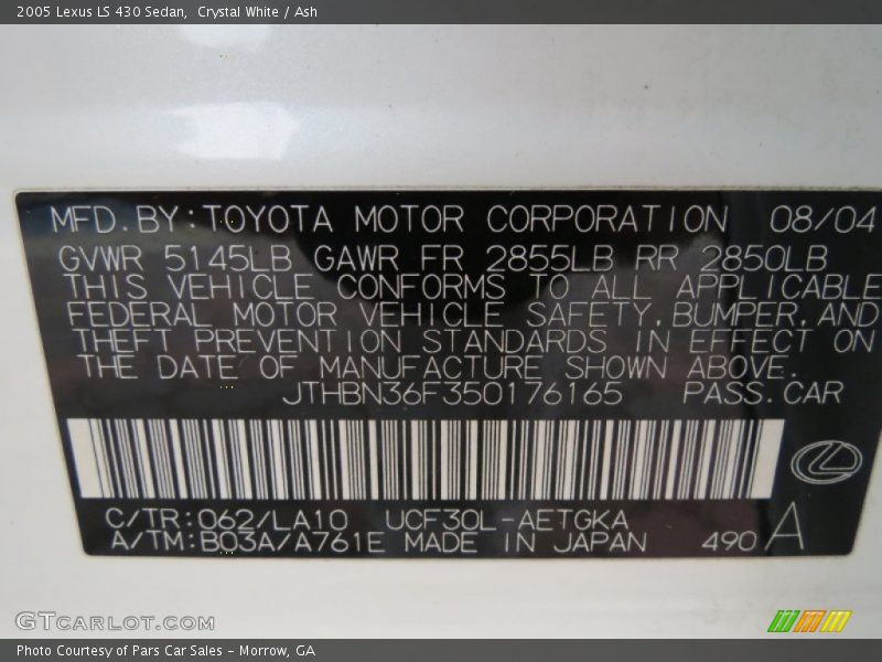 Crystal White / Ash 2005 Lexus LS 430 Sedan