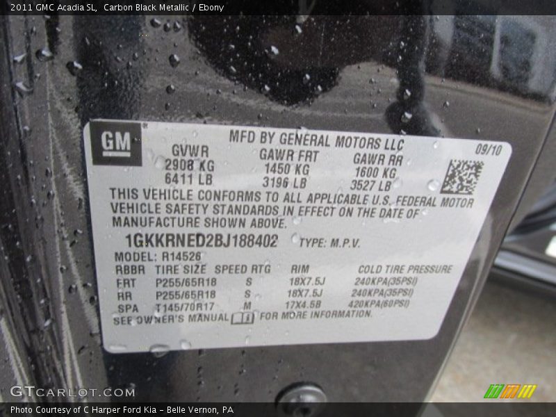 Carbon Black Metallic / Ebony 2011 GMC Acadia SL
