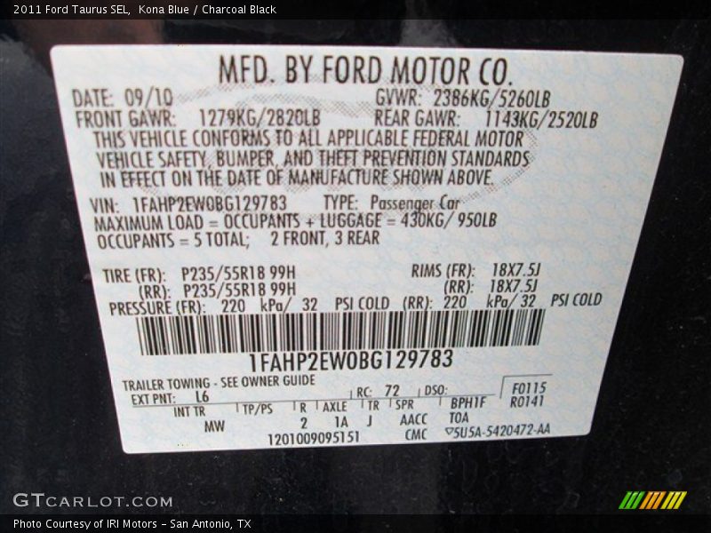 Kona Blue / Charcoal Black 2011 Ford Taurus SEL