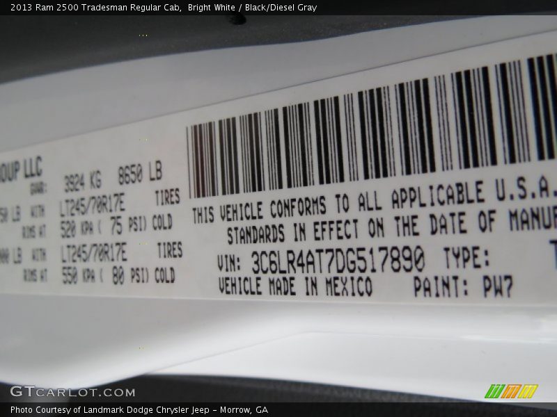 2013 2500 Tradesman Regular Cab Bright White Color Code PW7
