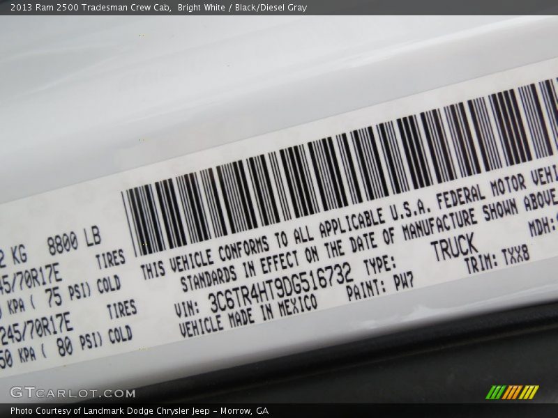 2013 2500 Tradesman Crew Cab Bright White Color Code PW7