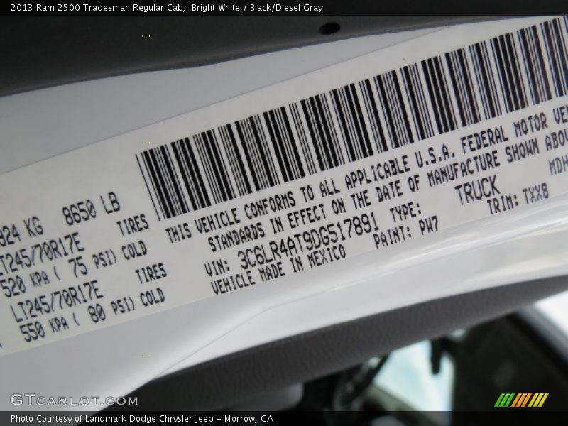 2013 2500 Tradesman Regular Cab Bright White Color Code PW7