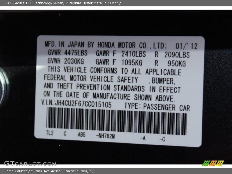 Graphite Luster Metallic / Ebony 2012 Acura TSX Technology Sedan