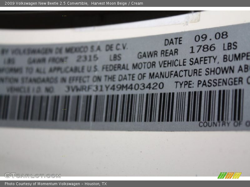 Harvest Moon Beige / Cream 2009 Volkswagen New Beetle 2.5 Convertible