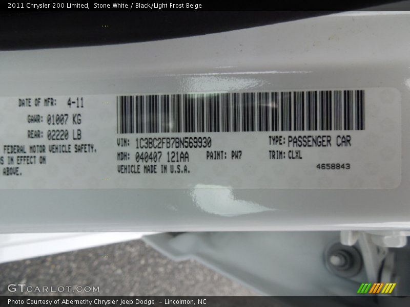 Stone White / Black/Light Frost Beige 2011 Chrysler 200 Limited