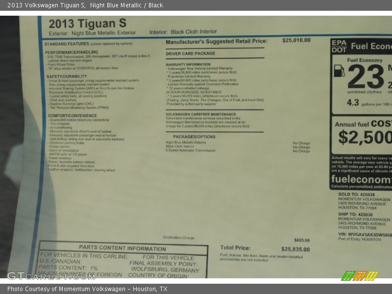 Night Blue Metallic / Black 2013 Volkswagen Tiguan S