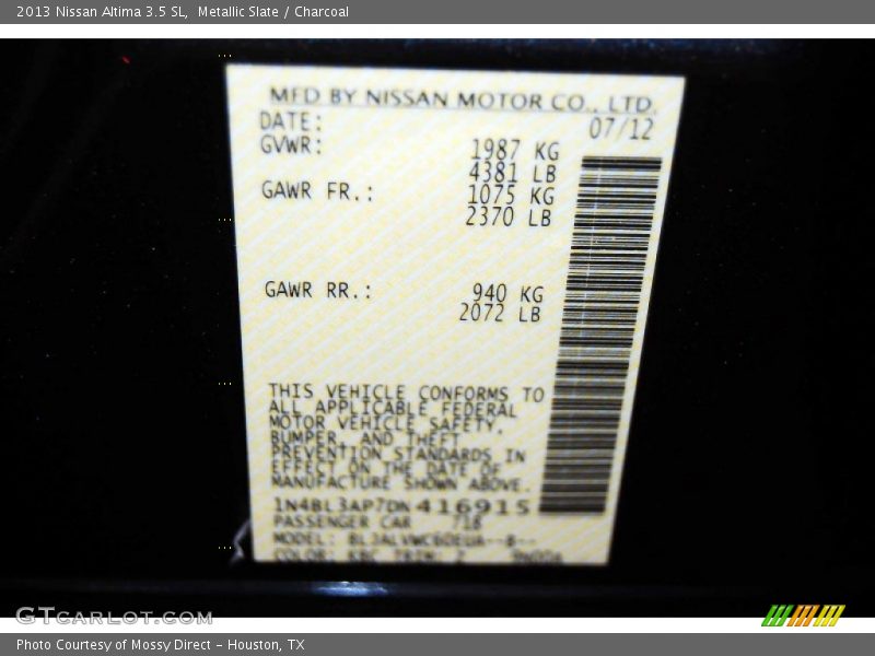 Metallic Slate / Charcoal 2013 Nissan Altima 3.5 SL