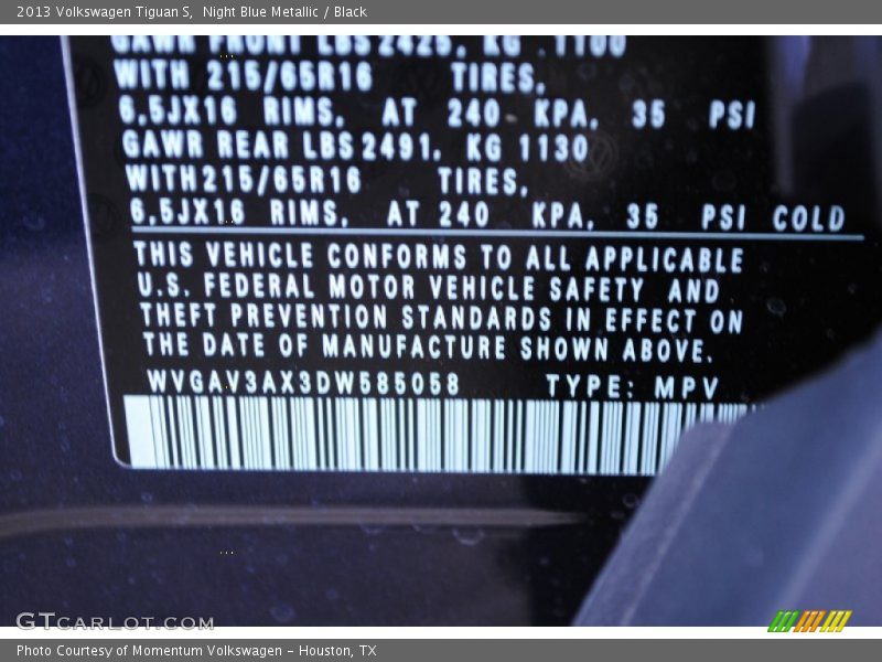 Night Blue Metallic / Black 2013 Volkswagen Tiguan S