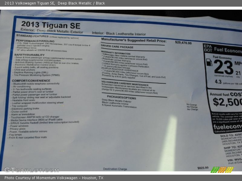  2013 Tiguan SE Window Sticker