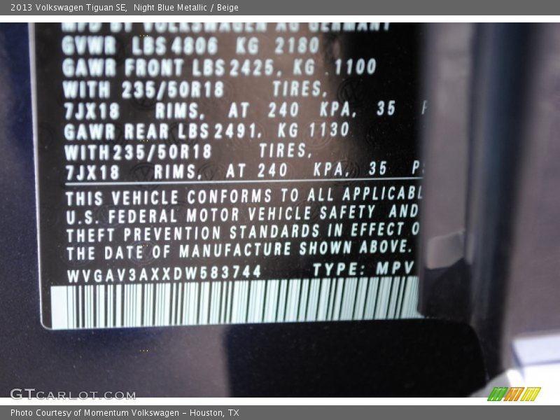Night Blue Metallic / Beige 2013 Volkswagen Tiguan SE