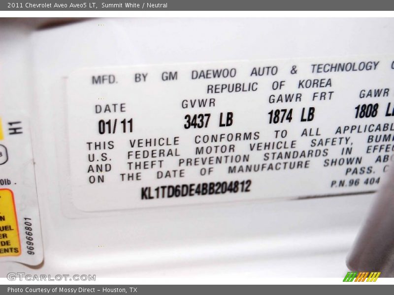 Summit White / Neutral 2011 Chevrolet Aveo Aveo5 LT