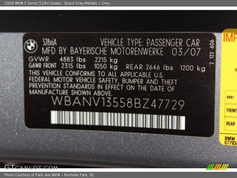 Info Tag of 2008 5 Series 528xi Sedan