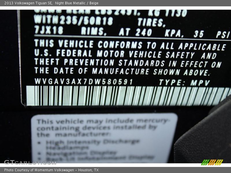 Night Blue Metallic / Beige 2013 Volkswagen Tiguan SE