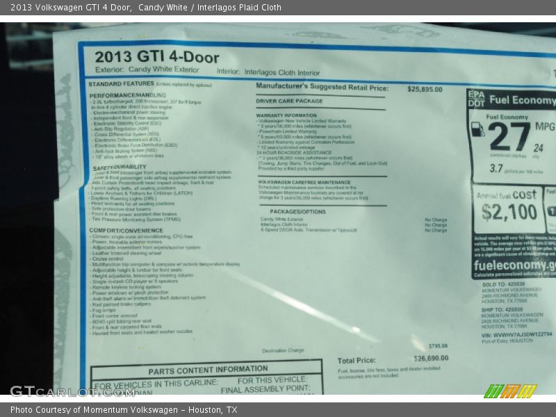 Candy White / Interlagos Plaid Cloth 2013 Volkswagen GTI 4 Door