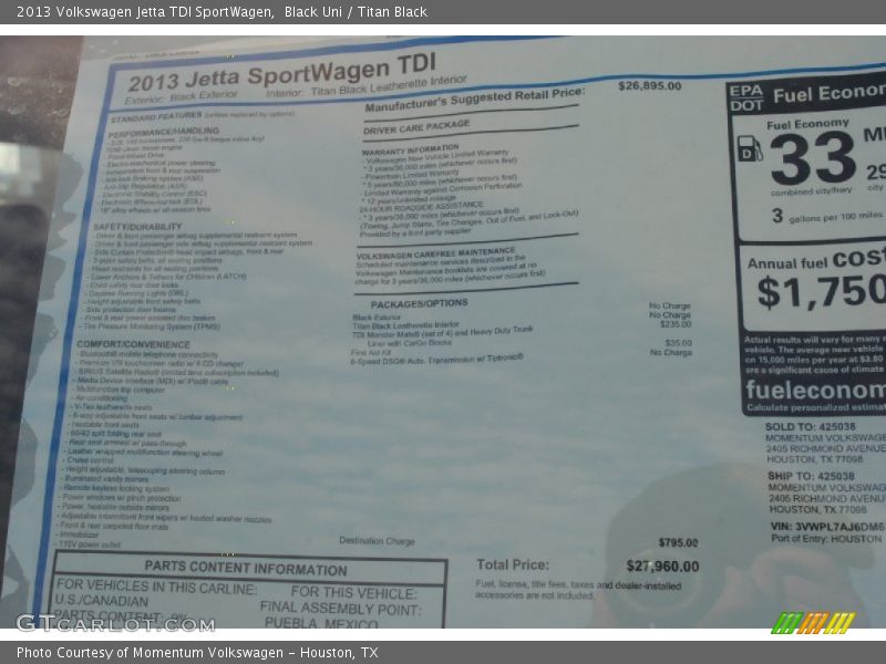  2013 Jetta TDI SportWagen Window Sticker