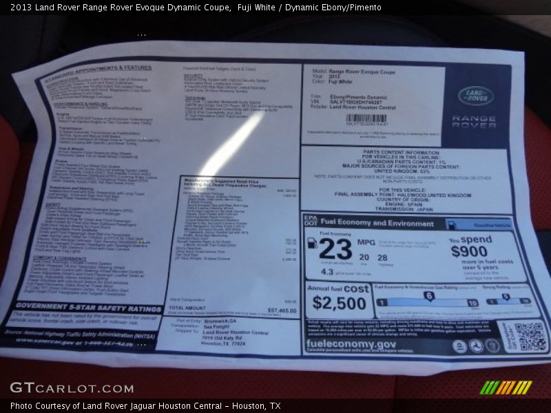  2013 Range Rover Evoque Dynamic Coupe Window Sticker