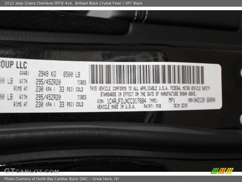 2012 Grand Cherokee SRT8 4x4 Brilliant Black Crystal Pearl Color Code PXR