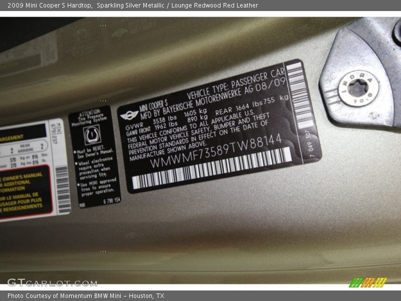 Info Tag of 2009 Cooper S Hardtop