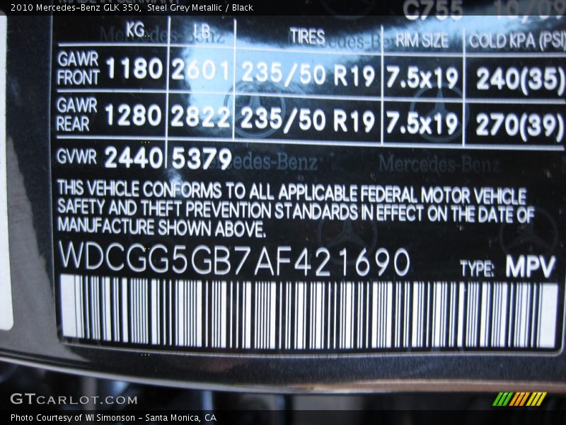 Steel Grey Metallic / Black 2010 Mercedes-Benz GLK 350