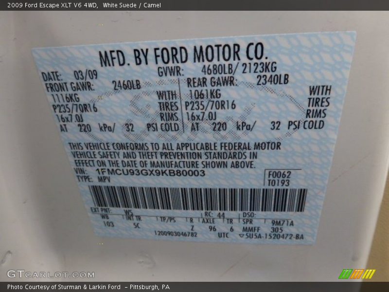 2009 Escape XLT V6 4WD White Suede Color Code WS