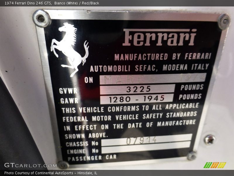 Info Tag of 1974 Dino 246 GTS