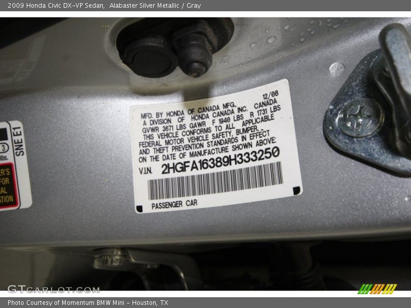 Alabaster Silver Metallic / Gray 2009 Honda Civic DX-VP Sedan