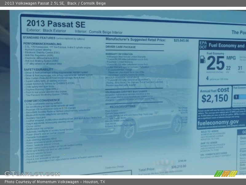 Black / Cornsilk Beige 2013 Volkswagen Passat 2.5L SE