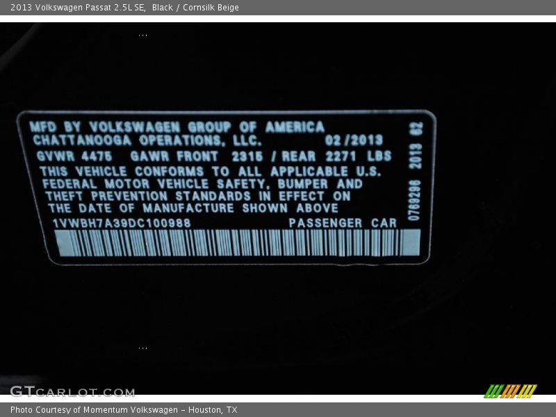 Black / Cornsilk Beige 2013 Volkswagen Passat 2.5L SE
