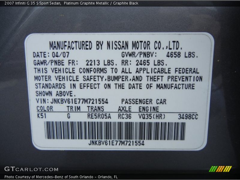 Platinum Graphite Metallic / Graphite Black 2007 Infiniti G 35 S Sport Sedan