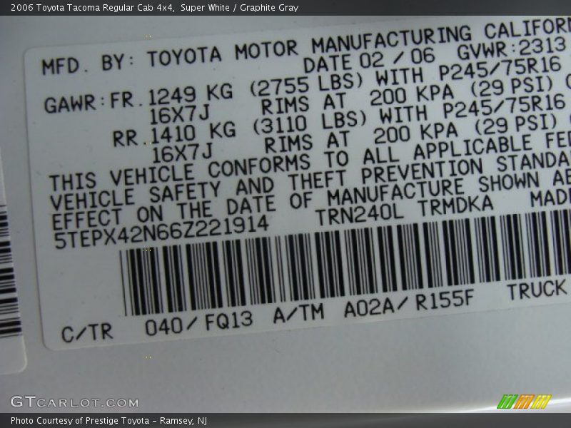 Super White / Graphite Gray 2006 Toyota Tacoma Regular Cab 4x4