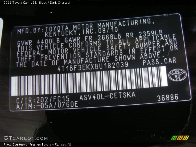 2011 Camry SE Black Color Code 202