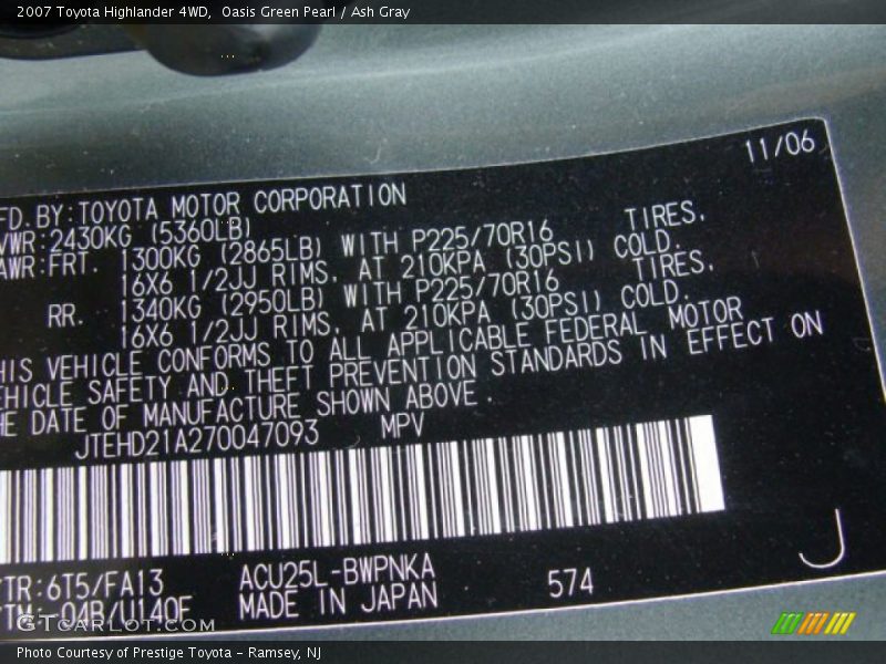 Oasis Green Pearl / Ash Gray 2007 Toyota Highlander 4WD