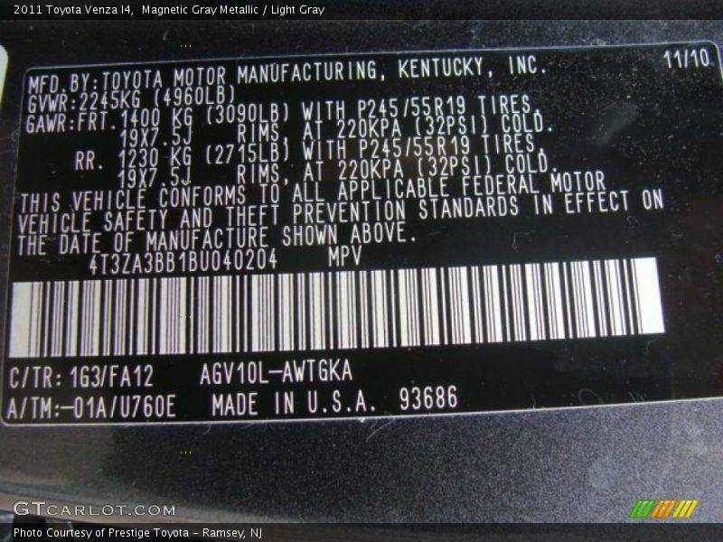 Magnetic Gray Metallic / Light Gray 2011 Toyota Venza I4