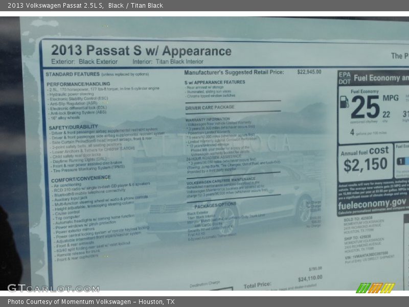 Black / Titan Black 2013 Volkswagen Passat 2.5L S