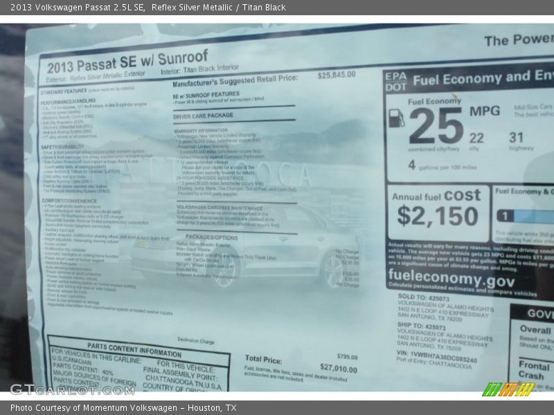 Reflex Silver Metallic / Titan Black 2013 Volkswagen Passat 2.5L SE