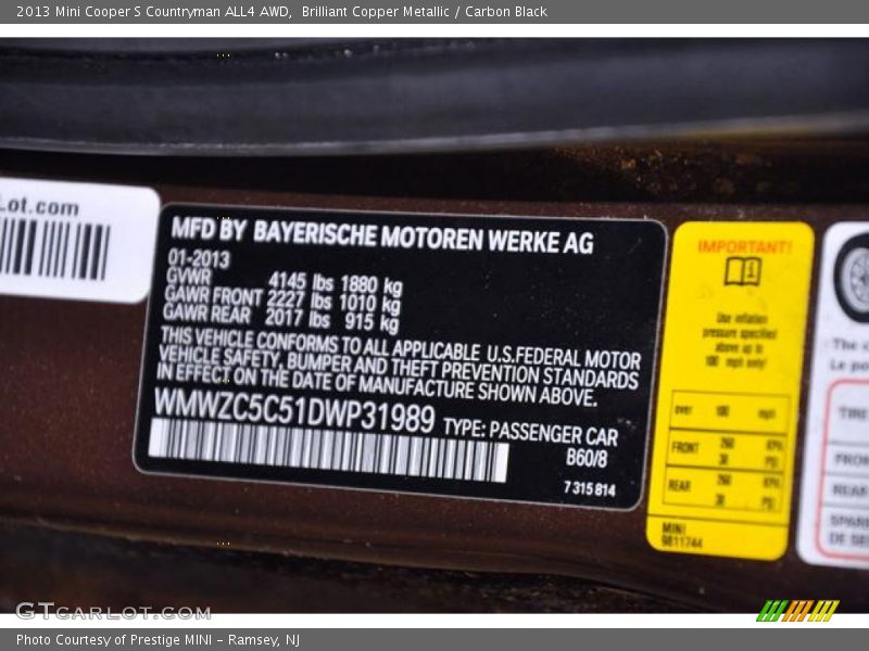 Brilliant Copper Metallic / Carbon Black 2013 Mini Cooper S Countryman ALL4 AWD