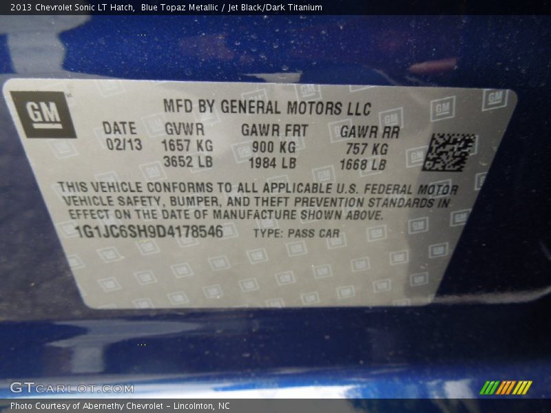 Blue Topaz Metallic / Jet Black/Dark Titanium 2013 Chevrolet Sonic LT Hatch