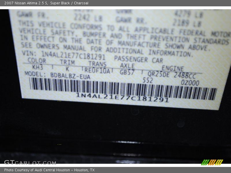 Super Black / Charcoal 2007 Nissan Altima 2.5 S
