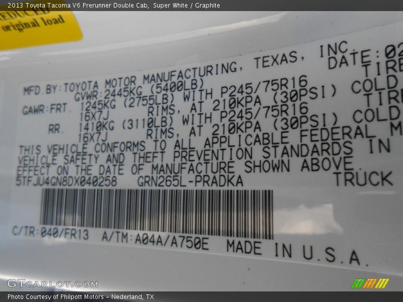Super White / Graphite 2013 Toyota Tacoma V6 Prerunner Double Cab