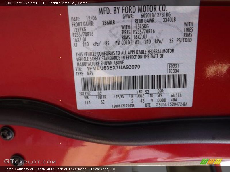 2007 Explorer XLT Redfire Metallic Color Code G2