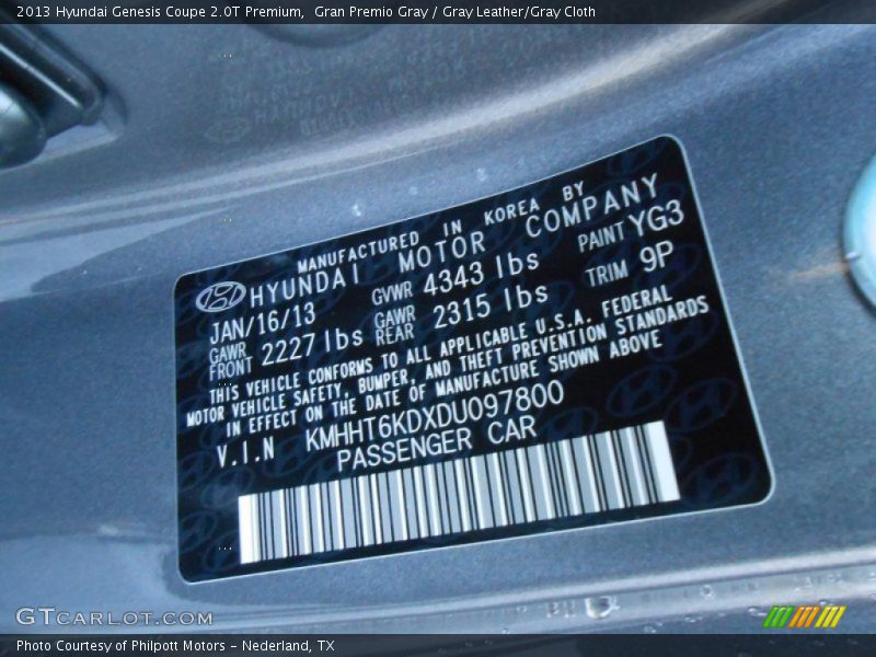 2013 Genesis Coupe 2.0T Premium Gran Premio Gray Color Code YG3