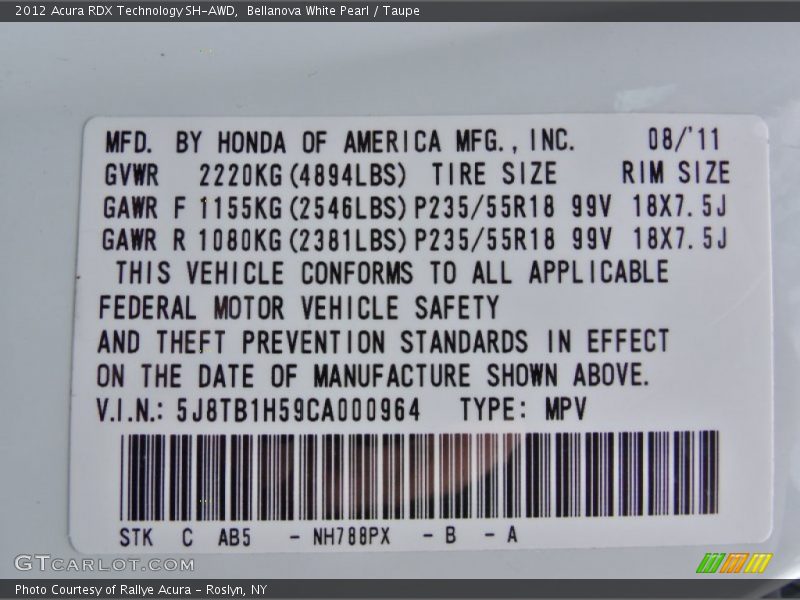 Bellanova White Pearl / Taupe 2012 Acura RDX Technology SH-AWD