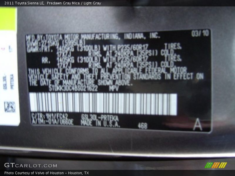 Predawn Gray Mica / Light Gray 2011 Toyota Sienna LE