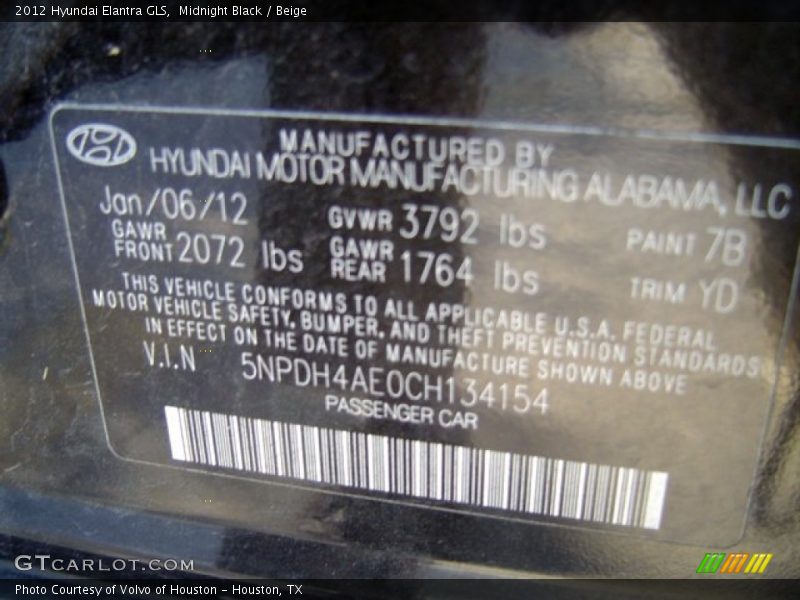 Midnight Black / Beige 2012 Hyundai Elantra GLS