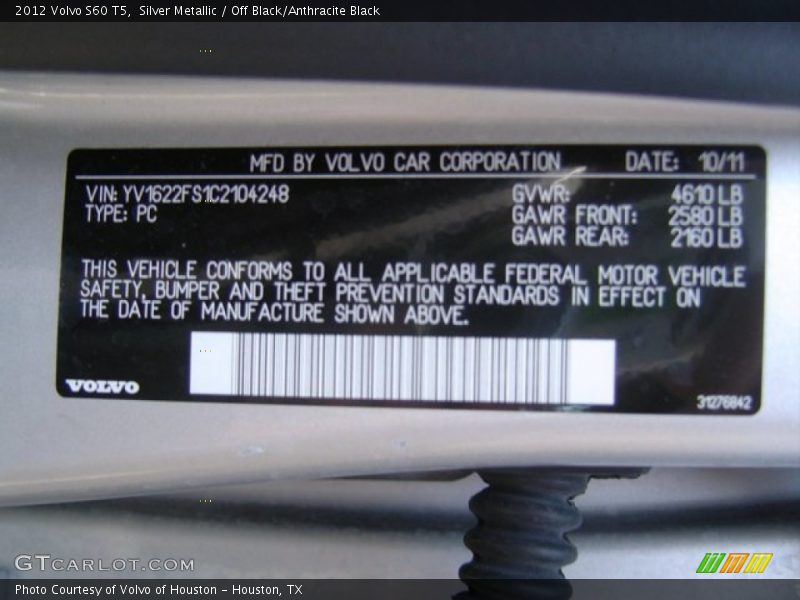 Silver Metallic / Off Black/Anthracite Black 2012 Volvo S60 T5