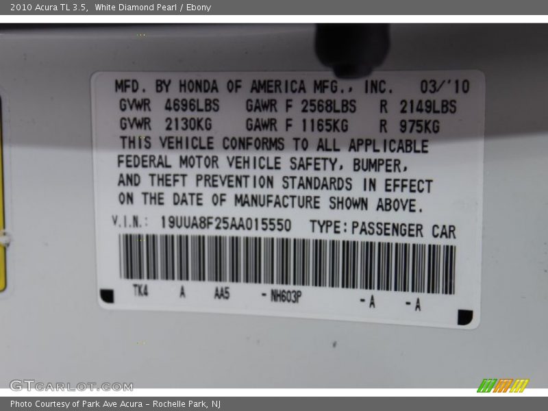 White Diamond Pearl / Ebony 2010 Acura TL 3.5