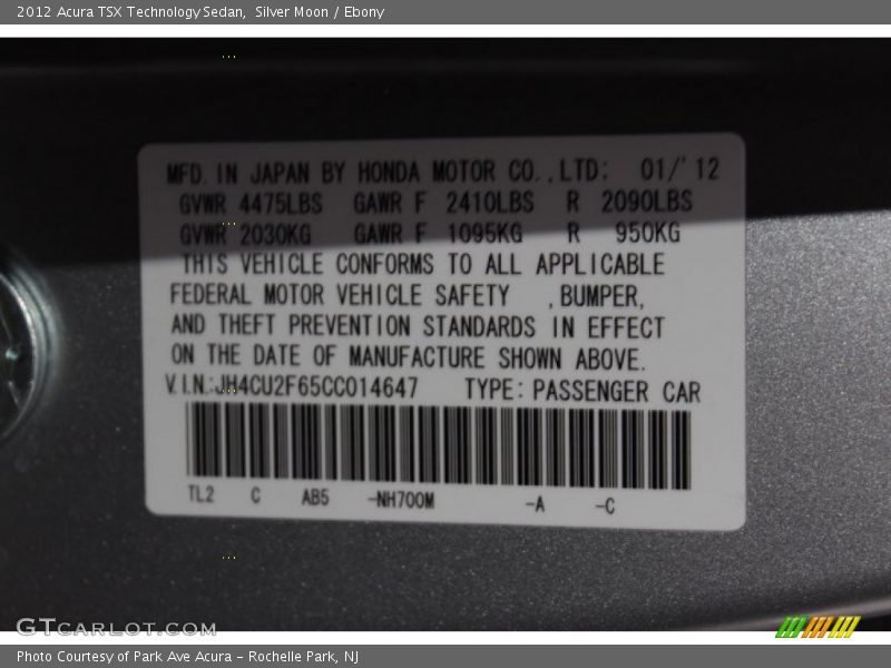 Silver Moon / Ebony 2012 Acura TSX Technology Sedan