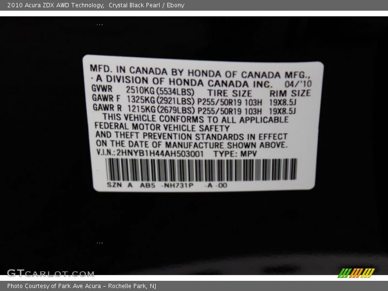Crystal Black Pearl / Ebony 2010 Acura ZDX AWD Technology
