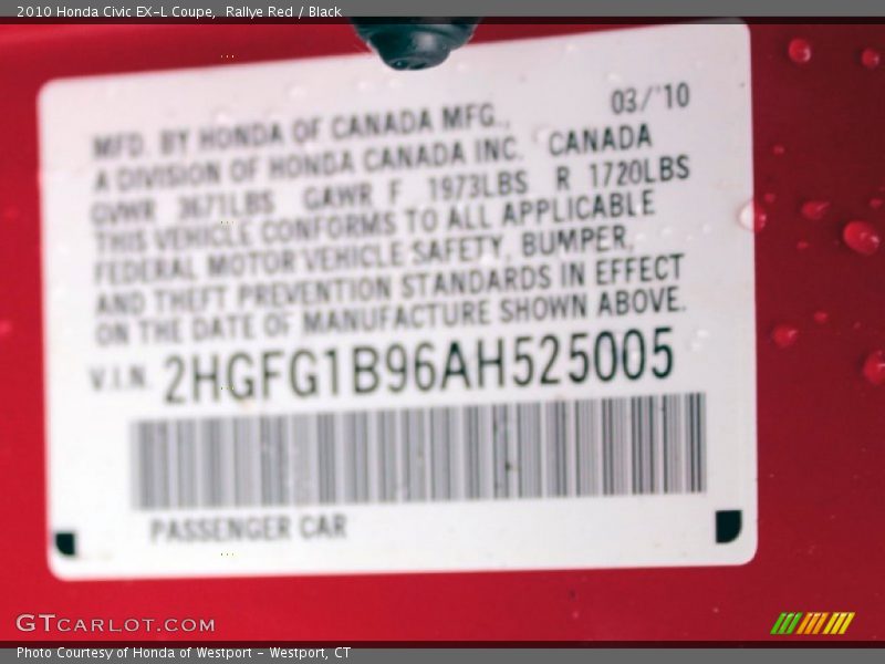 Rallye Red / Black 2010 Honda Civic EX-L Coupe